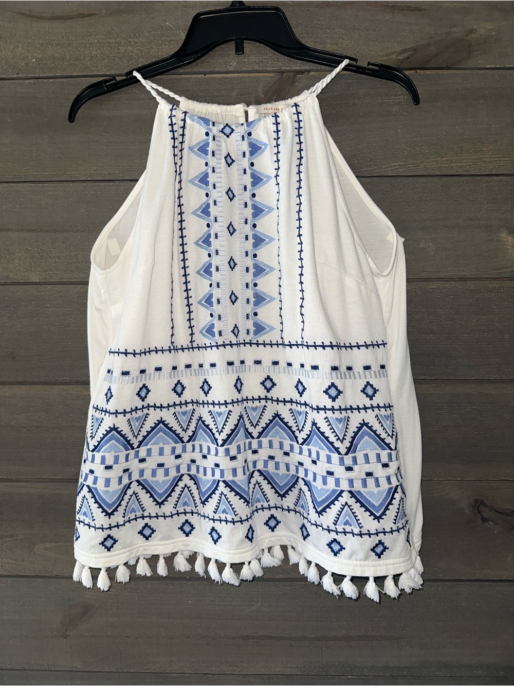 White Halter Tank with Blue Embroidered BOHO Geometric Design by Skies are Blue.